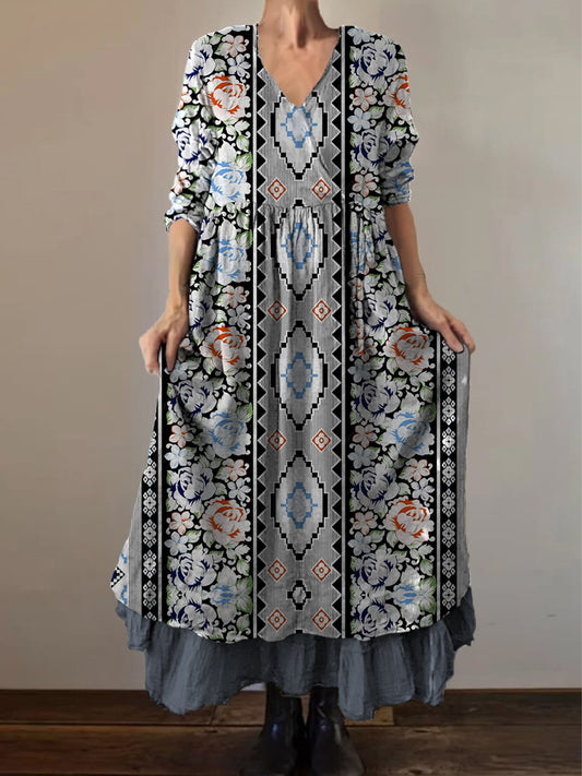 Retro Boho Floral Εκτύπωση Vintage V-Neck διπλό κομμάτι βαμβάκι μακριά μανίκι φόρεμα Midi