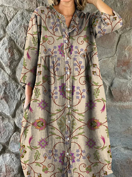 Retro Boho Ανθοπωλεία Τέχνης Εκτύπωση Vintage Chic V-Neck κουμπί μέχρι μακριά μανίκι φόρεμα Midi