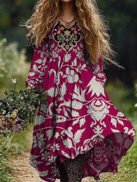 Retro Boho Floral Εκτύπωση Vintage Chic V-Neck βαμβάκι μακρύ μανίκι φόρεμα Midi
