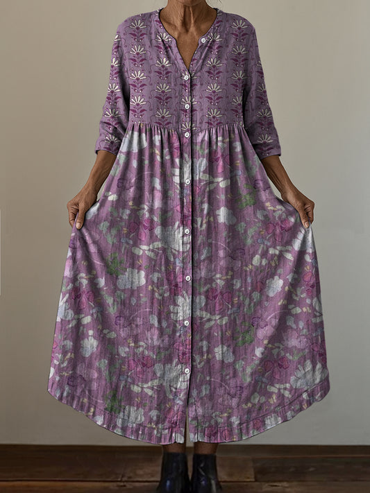 Retro Boho Ανθοπωλεία Τέχνης Εκτύπωση Vintage Chic V-Neck κουμπί μέχρι μακριά μανίκι φόρεμα Midi