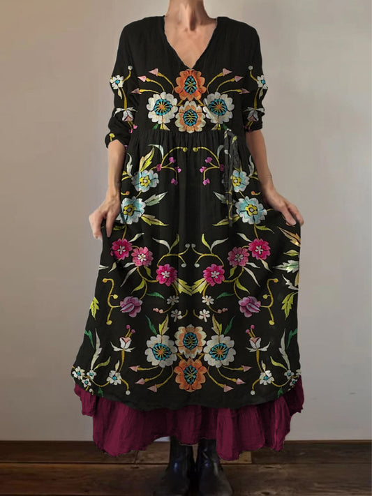 Retro Boho Floral Εκτύπωση Vintage V-Neck διπλό κομμάτι βαμβάκι μακριά μανίκι φόρεμα Midi