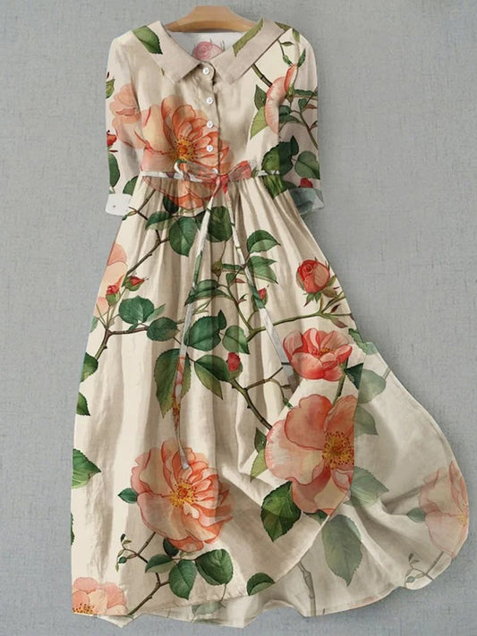 Retro Boho Floral Εκτύπωση Vintage Chic στρογγυλό λαιμό κουμπί μακριά μανίκι φόρεμα Midi