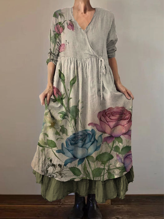 Retro Boho εθνικό εκτύπωμα Vintage V-Neck διπλό Hemline βαμβάκι μακριά μανίκι φόρεμα Midi