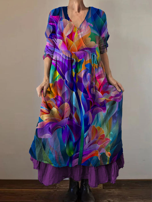 Retro Boho Floral Εκτύπωση Vintage V-Neck διπλό κομμάτι βαμβάκι μακριά μανίκι φόρεμα Midi