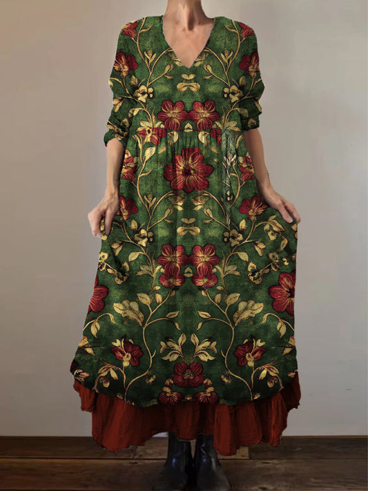 Retro Boho Floral Εκτύπωση Vintage V-Neck διπλό κομμάτι βαμβάκι μακριά μανίκι φόρεμα Midi