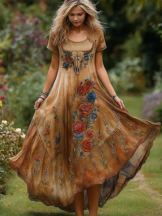 Retro Floral Art Εκτύπωση Vintage στρογγυλό λαιμό κοντά μανίκια βαμβάκι Maxi φόρεμα