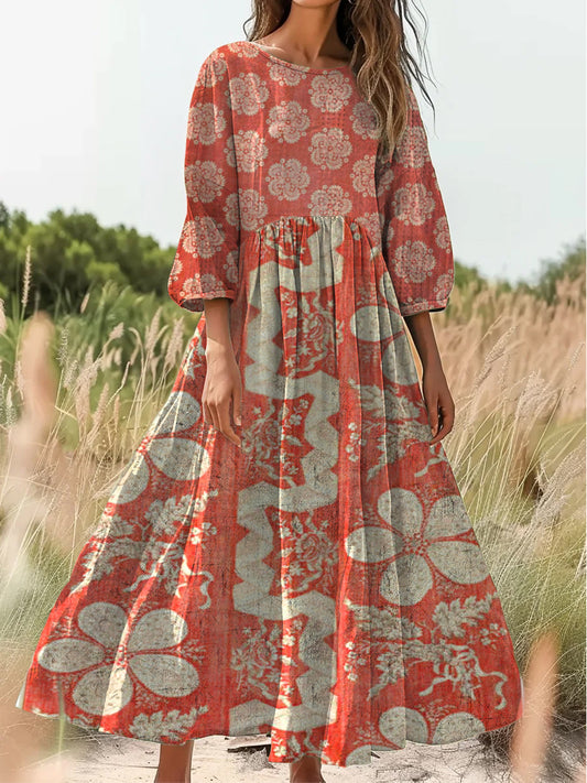 Retro Boho Art Εκτύπωση Vintage Chic στρογγυλό λαιμό βαμβάκι μακρύ μανίκι φόρεμα Midi