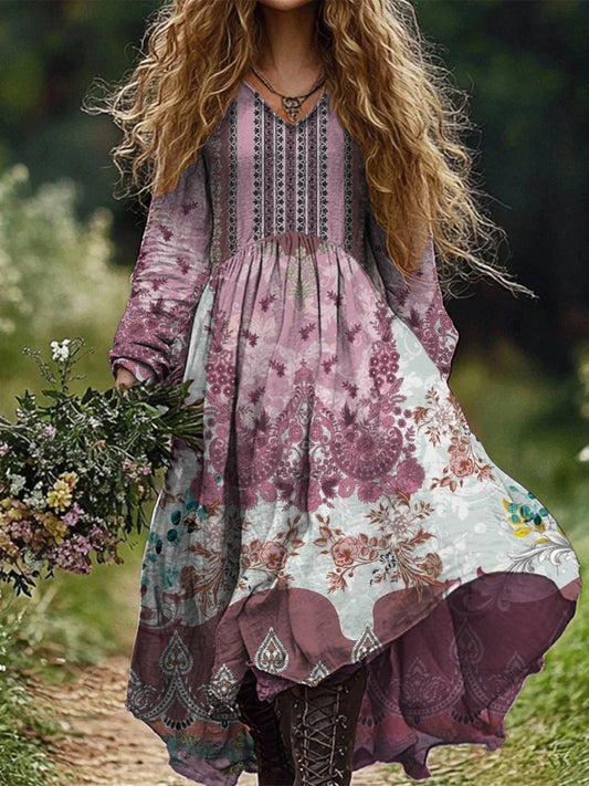 Retro Boho Floral Εκτύπωση Vintage Chic V-Neck βαμβάκι μακρύ μανίκι φόρεμα Midi