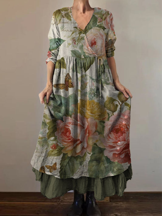 Retro Boho Floral Εκτύπωση Vintage V-Neck διπλό κομμάτι βαμβάκι μακριά μανίκι φόρεμα Midi