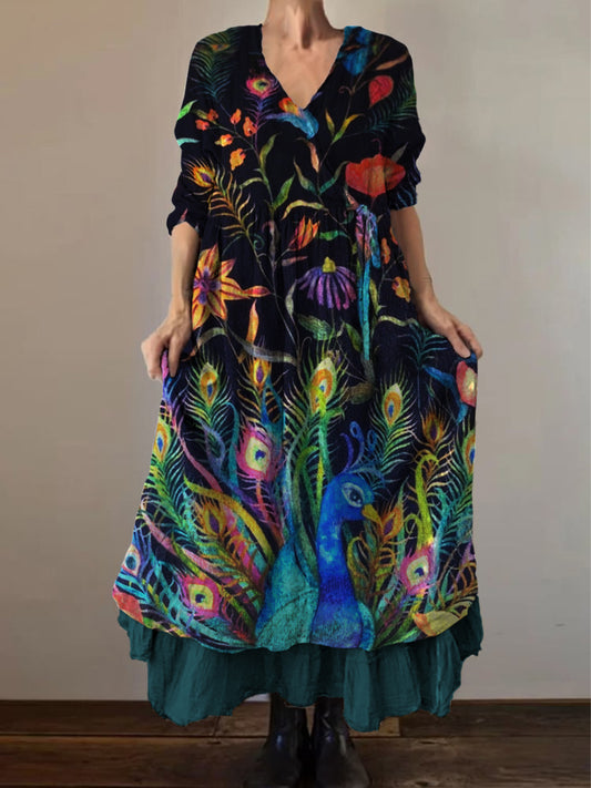 Retro Boho Floral Εκτύπωση Vintage V-Neck διπλό κομμάτι βαμβάκι μακριά μανίκι φόρεμα Midi