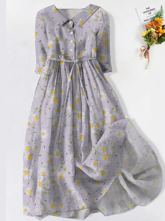 Retro Boho Floral Εκτύπωση Vintage Chic στρογγυλό λαιμό κουμπί μακριά μανίκι φόρεμα Midi