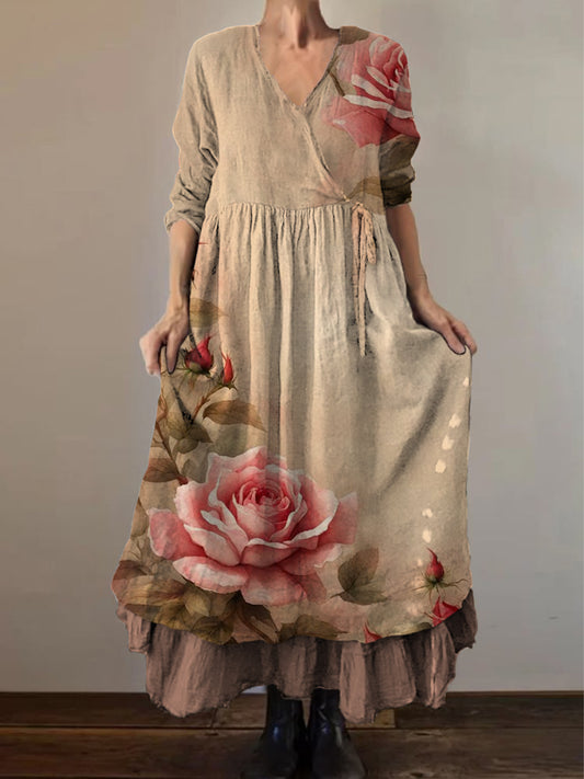 Retro Boho εθνικό εκτύπωμα Vintage V-Neck διπλό Hemline βαμβάκι μακριά μανίκι φόρεμα Midi