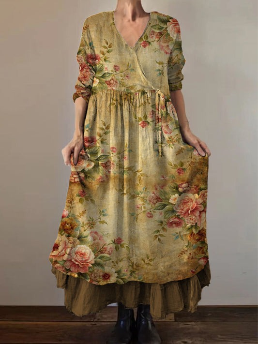 Retro Boho Floral Εκτύπωση Vintage V-Neck διπλό κομμάτι βαμβάκι μακριά μανίκι φόρεμα Midi