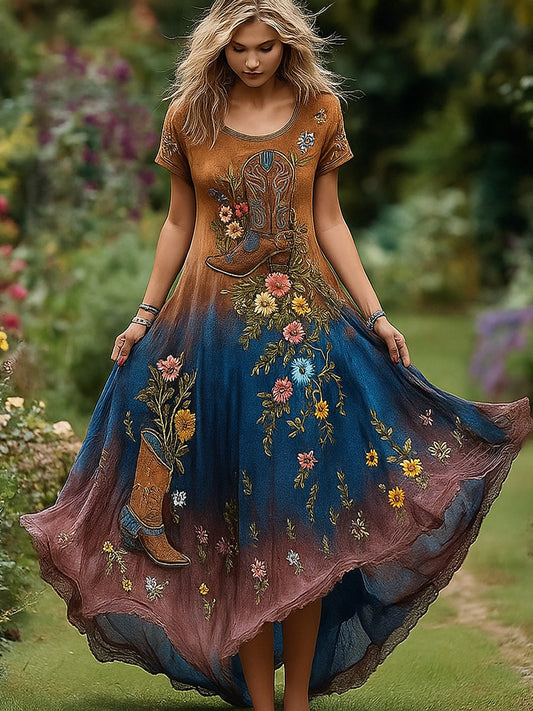 Retro Floral Art Εκτύπωση Vintage στρογγυλό λαιμό κοντά μανίκια βαμβάκι Maxi φόρεμα