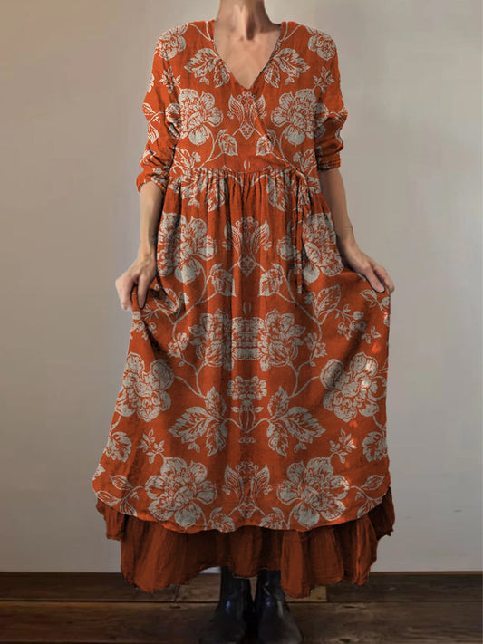 Retro Boho Floral Εκτύπωση Vintage V-Neck διπλό κομμάτι βαμβάκι μακριά μανίκι φόρεμα Midi