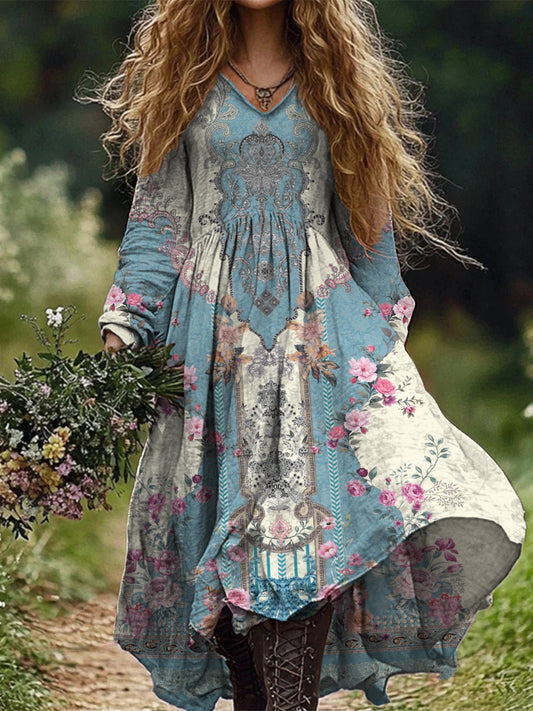 Retro Boho Floral Εκτύπωση Vintage Chic V-Neck βαμβάκι μακρύ μανίκι φόρεμα Midi