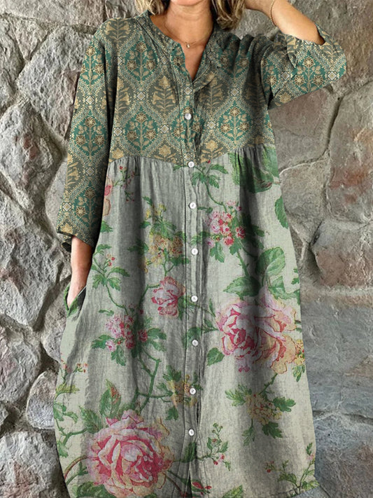 Retro Boho Ανθοπωλεία Τέχνης Εκτύπωση Vintage Chic V-Neck κουμπί μέχρι μακριά μανίκι φόρεμα Midi