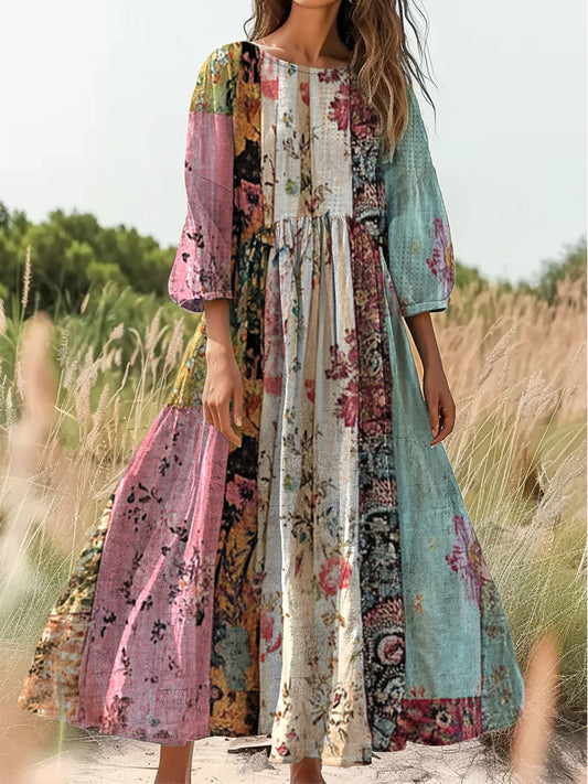 Retro Boho Applique Εκτύπωση Vintage Chic στρογγυλό λαιμό βαμβάκι μακριά μανίκι φόρεμα Midi