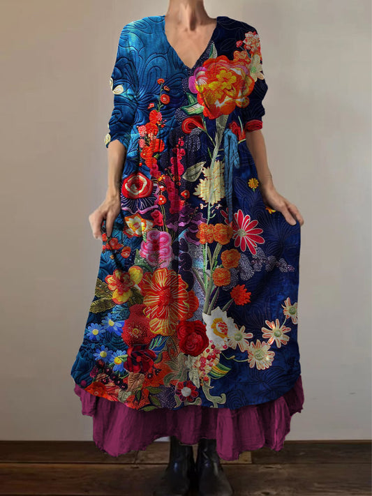 Retro Boho Floral Εκτύπωση Vintage V-Neck διπλό κομμάτι βαμβάκι μακριά μανίκι φόρεμα Midi