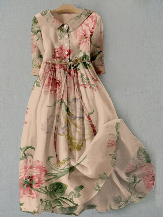 Retro Boho Floral Εκτύπωση Vintage Chic στρογγυλό λαιμό κουμπί μακριά μανίκι φόρεμα Midi