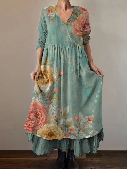 Retro Boho εθνικό εκτύπωμα Vintage V-Neck διπλό Hemline βαμβάκι μακριά μανίκι φόρεμα Midi