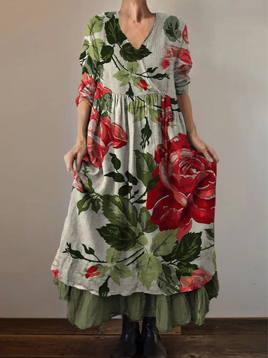 Retro Boho Floral Εκτύπωση Vintage V-Neck διπλό κομμάτι βαμβάκι μακριά μανίκι φόρεμα Midi