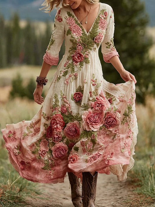 Εκτύπωση Vintage V-λαιμό μακρυμάνικο βαμβάκι Maxi φόρεμα βαμβάκι