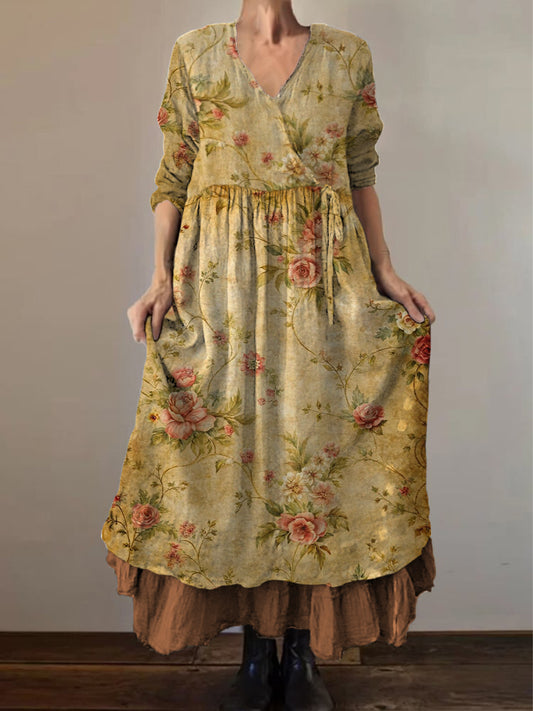 Retro Boho Floral Εκτύπωση Vintage V-Neck διπλό κομμάτι βαμβάκι μακριά μανίκι φόρεμα Midi