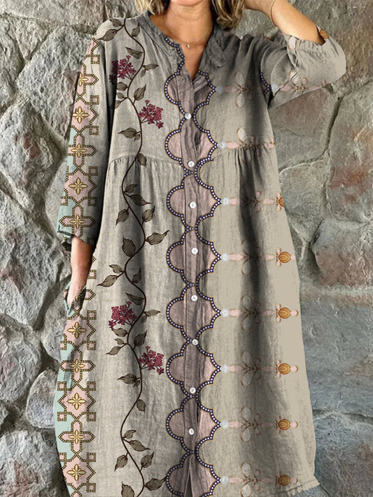 Retro Boho Ανθοπωλεία Τέχνης Εκτύπωση Vintage Chic V-Neck κουμπί μέχρι μακριά μανίκι φόρεμα Midi