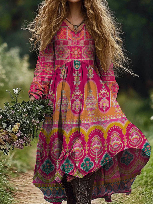 Retro Boho Floral Εκτύπωση Vintage Chic V-Neck βαμβάκι μακρύ μανίκι φόρεμα Midi