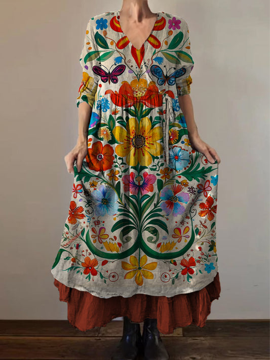 Retro Boho Floral Εκτύπωση Vintage V-Neck διπλό κομμάτι βαμβάκι μακριά μανίκι φόρεμα Midi