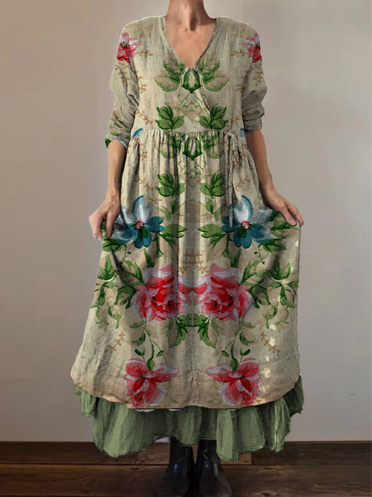 Retro Boho Floral Εκτύπωση Vintage V-Neck διπλό κομμάτι βαμβάκι μακριά μανίκι φόρεμα Midi