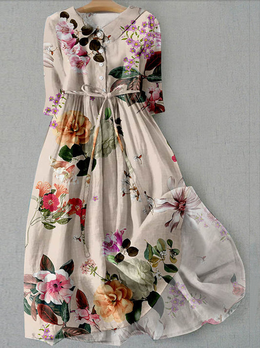 Retro Boho Floral Εκτύπωση Vintage Chic στρογγυλό λαιμό κουμπί μακριά μανίκι φόρεμα Midi