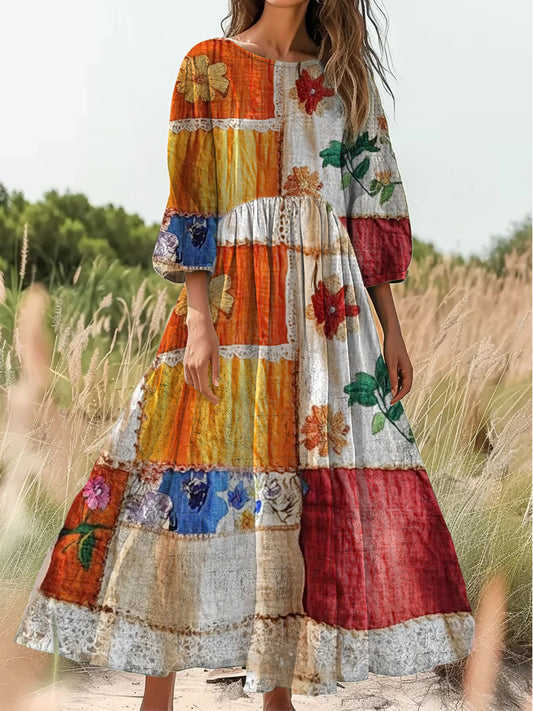 Retro Boho Applique Εκτύπωση Vintage Chic στρογγυλό λαιμό βαμβάκι μακριά μανίκι φόρεμα Midi