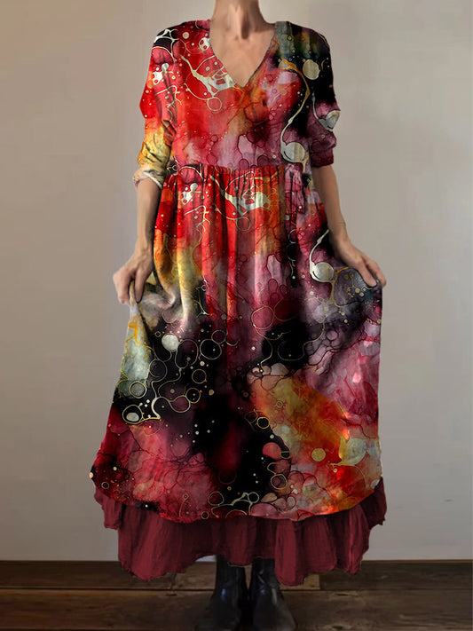 Retro Boho Floral Εκτύπωση Vintage V-Neck διπλό κομμάτι βαμβάκι μακριά μανίκι φόρεμα Midi