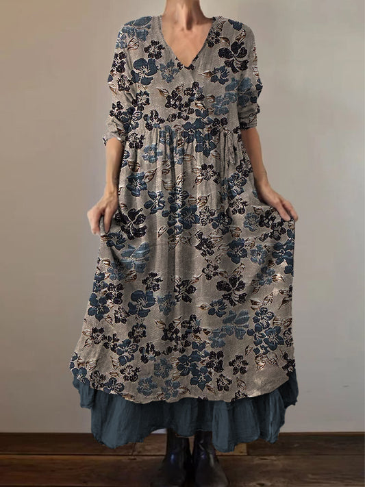 Retro Boho Floral Εκτύπωση Vintage V-Neck διπλό κομμάτι βαμβάκι μακριά μανίκι φόρεμα Midi