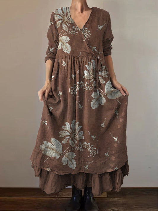 Retro Boho Floral Εκτύπωση Vintage V-Neck διπλό κομμάτι βαμβάκι μακριά μανίκι φόρεμα Midi
