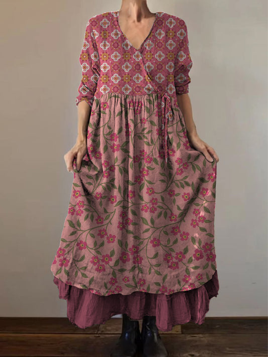 Retro Boho Floral Εκτύπωση Vintage V-Neck διπλό κομμάτι βαμβάκι μακριά μανίκι φόρεμα Midi