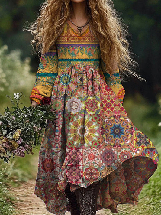 Retro Boho Floral Εκτύπωση Vintage Chic V-Neck βαμβάκι μακρύ μανίκι φόρεμα Midi