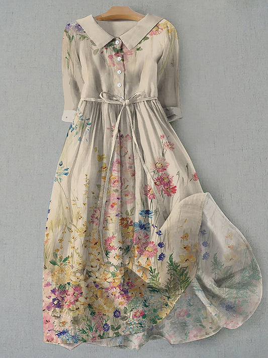 Retro Boho Floral Εκτύπωση Vintage Chic στρογγυλό λαιμό κουμπί μακριά μανίκι φόρεμα Midi