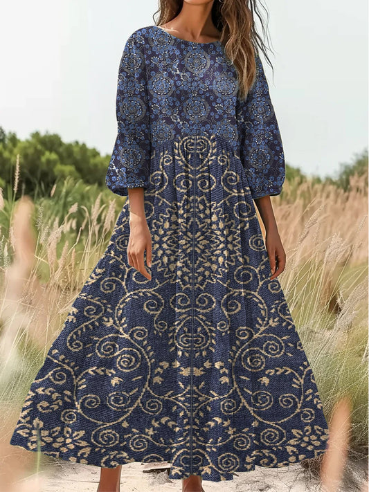 Retro Boho Art Εκτύπωση Vintage Chic στρογγυλό λαιμό βαμβάκι μακρύ μανίκι φόρεμα Midi
