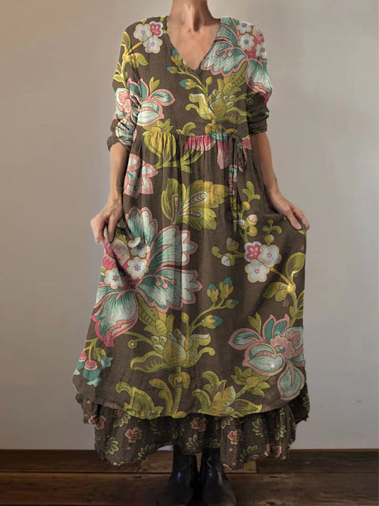 Retro Boho Floral Εκτύπωση Vintage V-Neck διπλό κομμάτι βαμβάκι μακριά μανίκι φόρεμα Midi