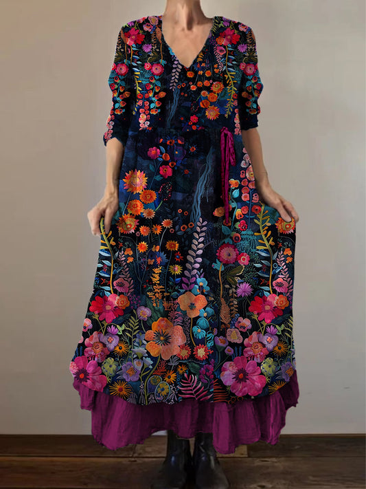 Retro Boho Floral Εκτύπωση Vintage V-Neck διπλό κομμάτι βαμβάκι μακριά μανίκι φόρεμα Midi