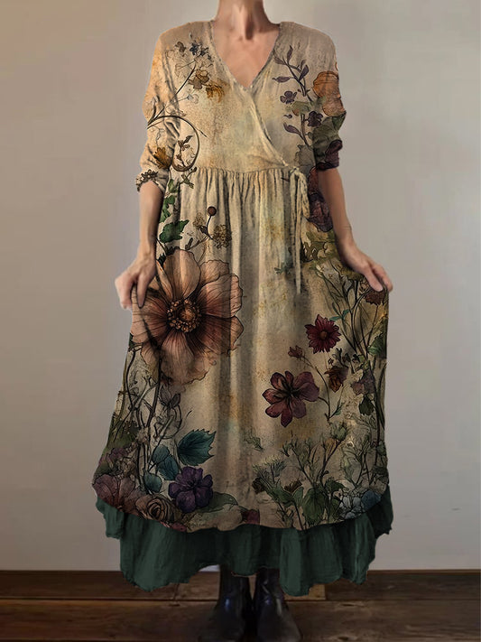 Retro Boho Floral Εκτύπωση Vintage V-Neck διπλό κομμάτι βαμβάκι μακριά μανίκι φόρεμα Midi