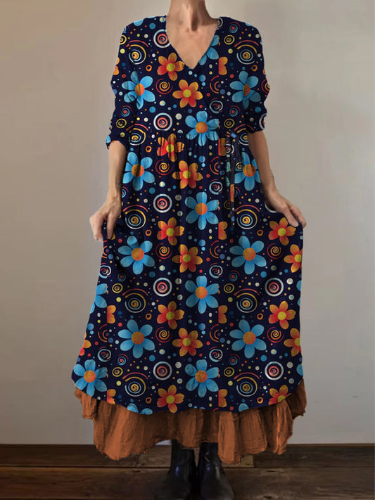 Retro Boho Floral Εκτύπωση Vintage V-Neck διπλό κομμάτι βαμβάκι μακριά μανίκι φόρεμα Midi