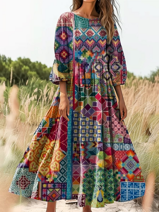 Retro Boho Floral Βοτανική Εκτύπωση Vintage Chic στρογγυλό λαιμό βαμβάκι μακριά μανίκι φόρεμα Midi