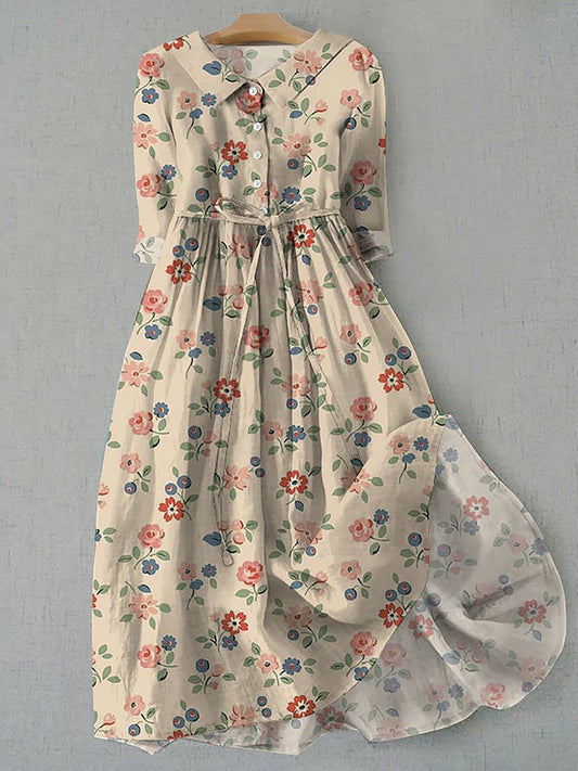 Retro Boho Floral Εκτύπωση Vintage Chic στρογγυλό λαιμό κουμπί μακριά μανίκι φόρεμα Midi