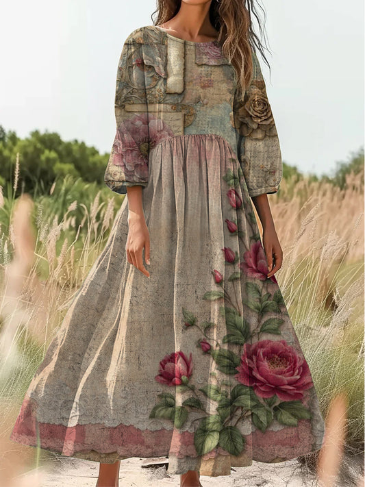 Retro Boho Ανθοπωλεία Τέχνης Εκτύπωση Vintage Chic V-Neck κουμπί μέχρι μακριά μανίκι φόρεμα Midi