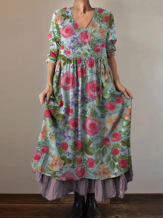 Retro Boho Floral Εκτύπωση Vintage V-Neck διπλό κομμάτι βαμβάκι μακριά μανίκι φόρεμα Midi