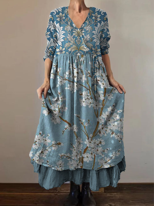 Retro Boho Floral Εκτύπωση Vintage V-Neck διπλό κομμάτι βαμβάκι μακριά μανίκι φόρεμα Midi